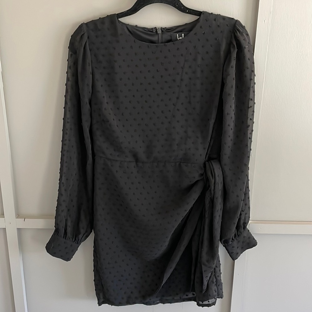Lulus Black Swiss Dot Long Sleeve Tie-front mini dress - Size S